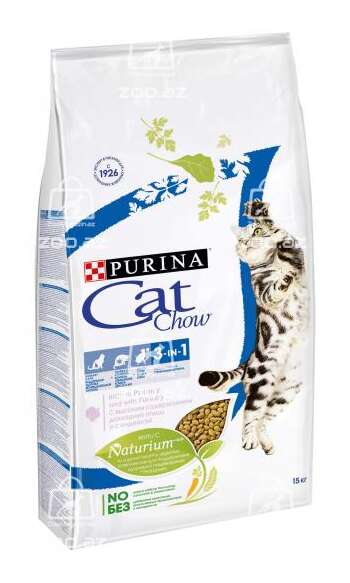 Cat Chow корм для кошек 3 в 1: контроль образования комков шерсти, уход за полостью рта, здоровье мочевыводящей системы (целый мешок 15 кг)