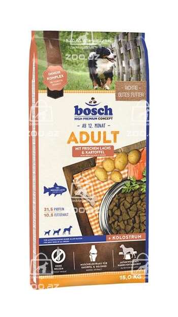 Bosch Adult сухой корм для взрослых собак со средним уровнем активности с лососем и картофелем + молозиво (целый мешок 15 кг)